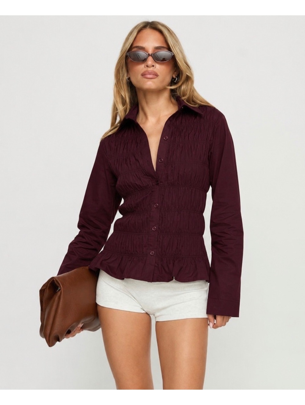 Princess Polly Burgundy Red Ruched Button-Up Long Sleeve Shirt Size 4